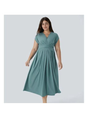 Halara Breezeful V-Neck Short Sleeve Tie Back Quick-Dry Midi Dress 1X Pockets